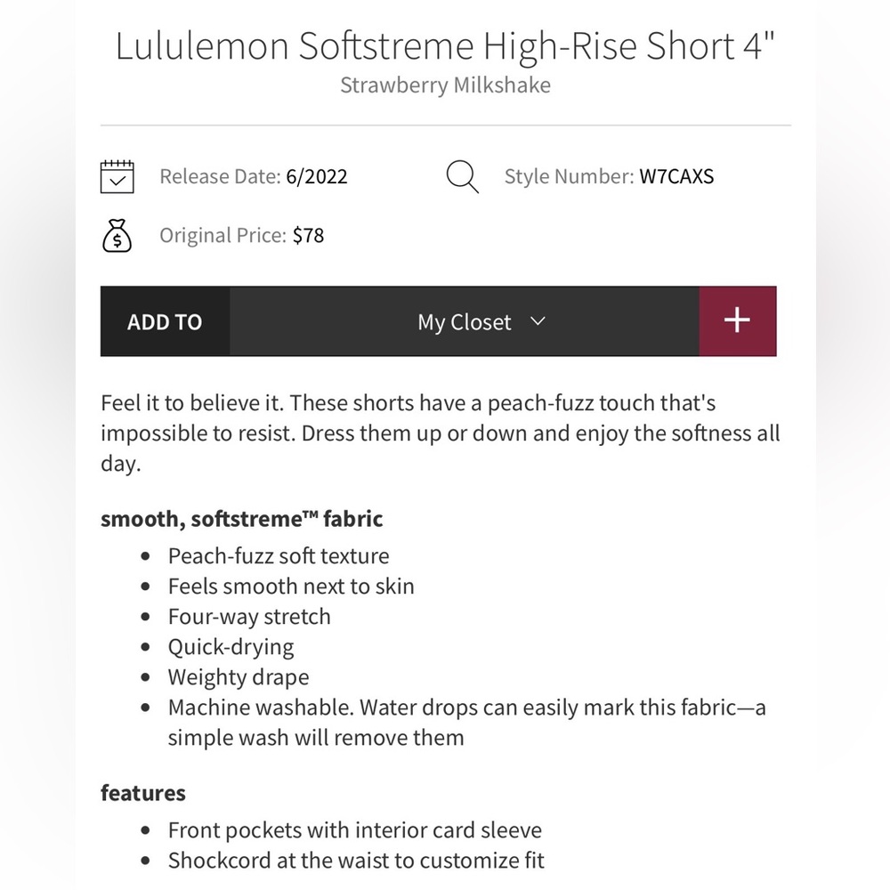Lululemon Softstreme High-Rise Short 4" Strawberry Milkshake, Size 6 - Picture 13 of 13